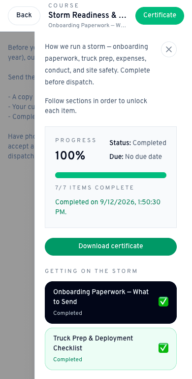 A completed course with certificate on a worker's phone