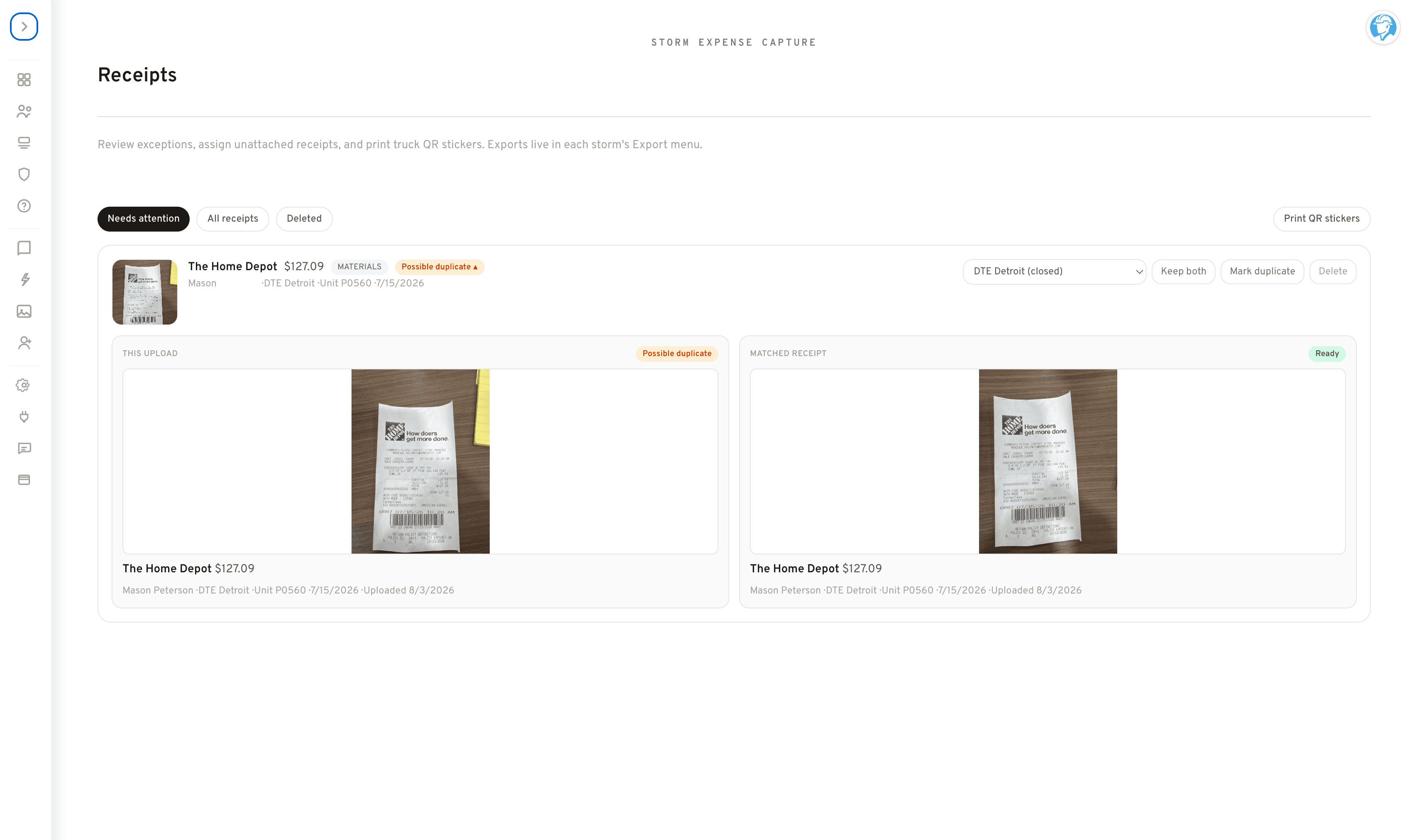 Storm expense capture — receipts organized with duplicate detection